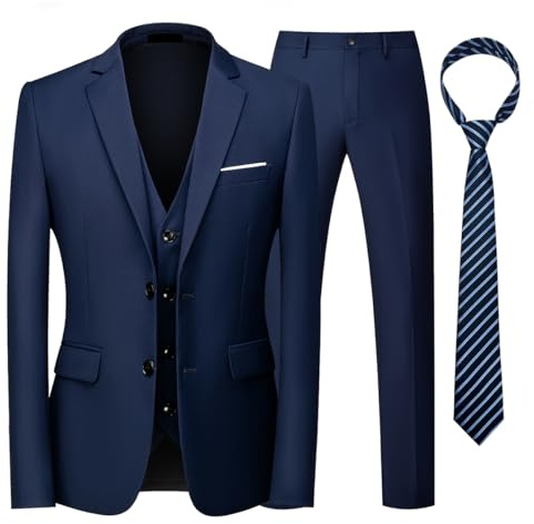 KUDORO Herren Anzüge 3-teilig Slim Fit Einreihig Zwei Knöpfe für Hochzeit Business Herren 3-Stücke Formell Sakko Weste Hose mit Krawatte(Blau,XXL)