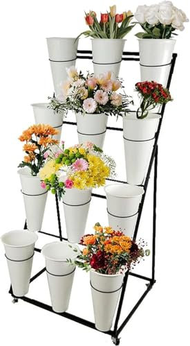 Leiter-Blumenständer mit Eimern, rollender Pflanzenständer auf Rädern, Blumenwagen-Regal für den Innen- und Außenbereich für Floristen, Garten, Terrasse, 4 Ebenen, 12 weiße Eimer