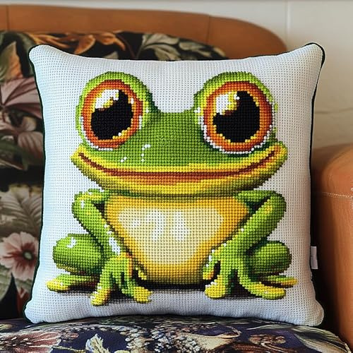 AxiangziK Tier Stickset Kreuzstich Kissen,süßer Frosch,11CT Kissen Set Vorgedruckt Stickset Anfänger DIY Bastelset Vorgezeichnet Erwachsene,18x18in
