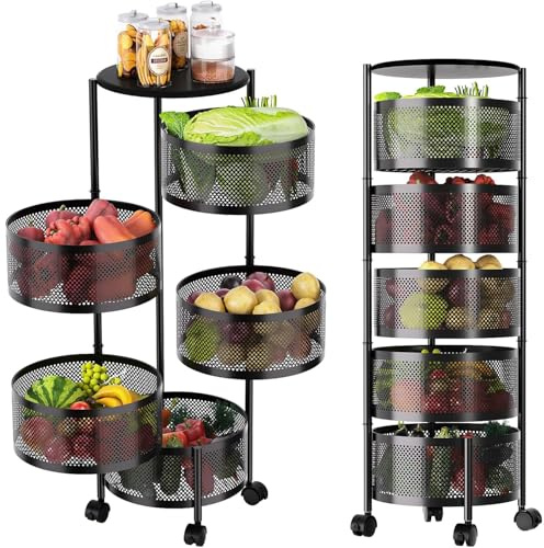 Avilia - Carrello Con Ruote Portatutto Richiudibile Multiuso con Cestelli Capienti e Struttura Salvaspazio per Cucina Bagno e Ufficio Design Pieghevole con Ruote Frenanti (Nero Rotondo, 5 Cestelli)