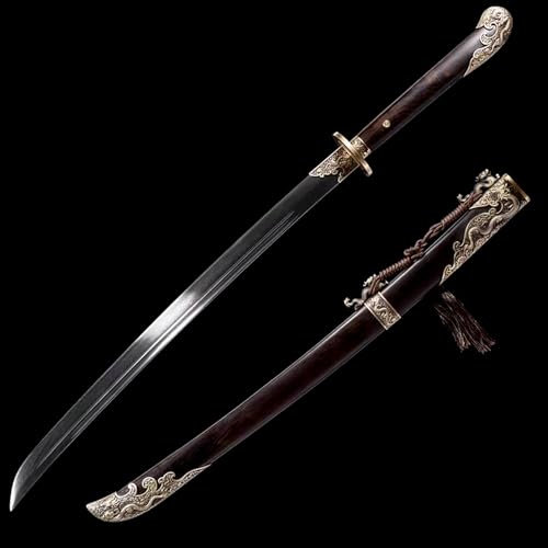 KWXPW 106cm Chinesisches Schwert,Traditionelles Schmiedeverfahren,Musterstahl Klinge,Scheide aus Natürlichem Ebenholz,Handgeschnitzte Zubehör aus Reinem Kupfer,Handgefertigtes Echtes Schwert