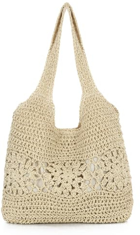 EVEOUT Bolso de hombro Paja para Mujer Verano Bohemio Ligero Grande Shopper Tejido Bolso Tote Rafia para Playa Vacaciones