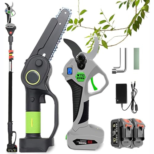QYOEGSQ Kit combiné scie à Perche et sécateur, tronçonneuse à Perche sans Fil 3 en 1 avec 2 Batteries, sécateur sans Fil avec Perche d'extension, Coupe-Branches, sécateur, for l'élagage des Arbres