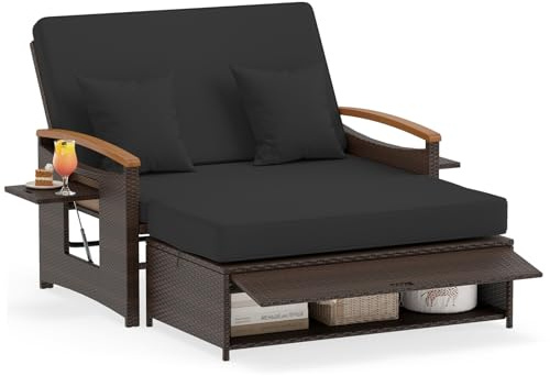 COSTWAY Rattan Loungesoffa, loungemöbel utomhus, trädgårdssoffa med liggfunktion, 2-sits trädgårdslounge med kuddar & sidobord, polyrattan trädgårdsmöbler, balkongmöbler, balkongmöbler liten balkong