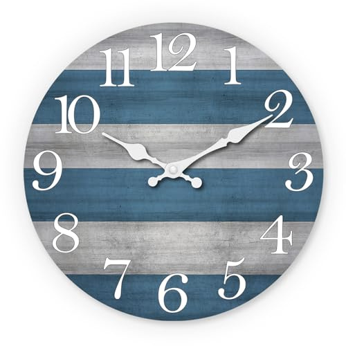 NUOVO Wanduhr, 25,4 cm, rustikale Wanduhr, Blaue und Graue Holzmaserung, Geräuschlos, Tickt Nicht, Batteriebetrieben, Vintage Design, Dekorativ für Küche, Wohnzimmer, Schlafzimmer, Badezimmer