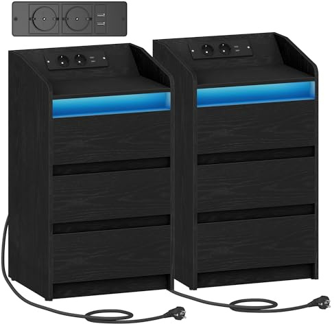 Hzuaneri Comodino Set di 2 con 3 Cassetti, Stazione di Ricarica LED, Nero