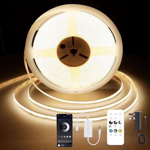 TTWAY COB LED Strip 5M, 3000K LED Streifen Warmweiß, 24V Dimmbar LED Streifen Licht, CRI92, 8mm Breite, mit Fernbedienung und Netzteil, für Home Dekoration, Küche, Spiegel.