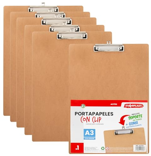 Starplast 10 Carpetas Lisas A3 de Madera con Clip - Portapapeles kratf, 3 mm grosor, soporte de pared, goma antideslizante, material oficina, documentos, hojas, sujetar, archivar