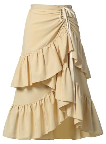 CAMDOM Falda de verano con volantes en capas para mujer, dobladillo asimétrico, cintura con cordón en la cintura, acampanada, falda de verano fluida, beige, XL-XXL