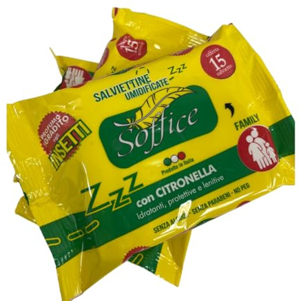 Salviette Antizanzare Rinfrescanti e Detergenti Per il corpo Alla Citronella e tensioattivi ed emulsionanti di origine vegetale. Antipuntura 3 Confezioni Da 15pz Made in ITALY