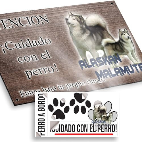 Alaskan Malamute Cartel Cuidado Perro Peligroso 20x12,5cm - Diseño Madera Marrón Dibond con Pegatina Coche 20x5cm