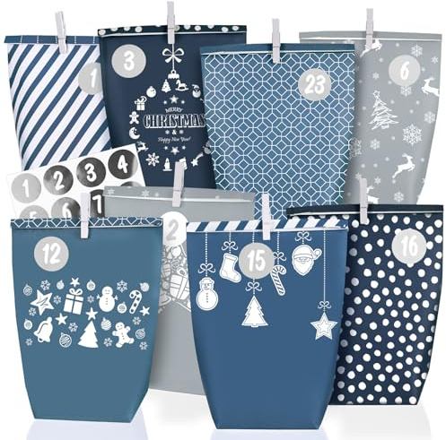 Adventskalender zum Befüllen - 24 blau-grauen Papiertüten groß (22x16x6cm) zum Selber füllen - Weihnachtskalender tüten für Kinder Junge und Männer, Wiederverwendbar
