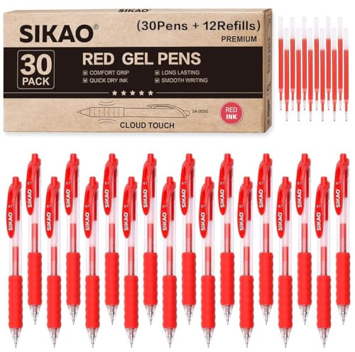 Sikao Gelstifte Rot, 30er Pack Gelschreiber Kugelschreiber, CLOUD TOUCH Griff 0,7 mm Feine Spitze Rote Tinte, Schnell-Trocknend & Wischfest, Sanftes Schreiben für Lehrer, Büro & Schule