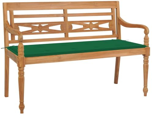 QUAHEAS Batavia Massivholz Teakholz Gartenbank, Bequeme Outdoor Sitzbank mit grünem Kissen, fein geschliffen Möbel für Terrasse und Garten, robust und witterungsbeständig für draußen.