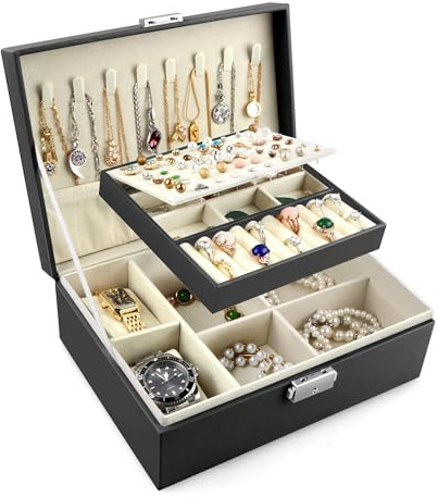 Lacusmall Schmuckbox mit 2 Uhrkissen, 2-lagige Schmuckorganiser mit herausnehmbaren Trennwänden, PU-Leder Schmuckaufbewahrungsbox für Ohrringe, Ringe, Halsketten, Armbänder, Reise-Schmucketui, Schwarz