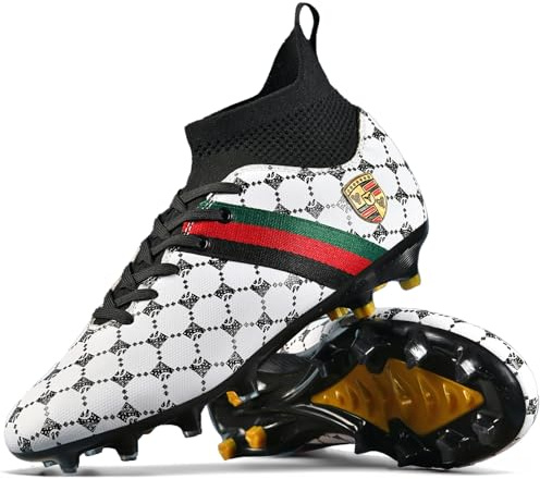 WOWEI Fotbollsskor herr pojkar High Top Spike Cleats professionella fotbollsskor barn sport utomhus atletiska träningsskor fotbollsskor sportskor tävling, Vit 1, 35 EU