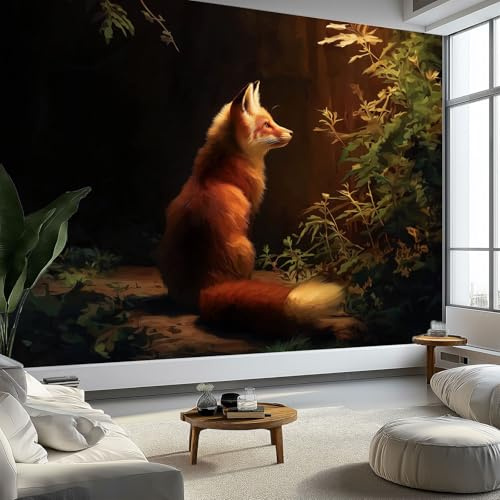 Fototapete 3D Digitale Kunst Wald Fuchs Vlies Tapeten Wandtapete 250 x 175 cm, Schwarz Moderne Wanddekoration - Wohnzimmer Schlafzimmer TV-Hintergrund Wanddeko