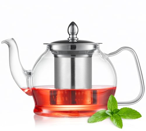 Brew To A Tea 850ml/28.74oz Infuser Tea Pot, Clear Glass Teapot with Infuser, Heat-Resistant Borosilicate Glass Tea Pot with Infuser