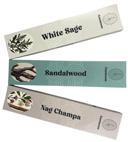 Anemone Encens – 100% Naturel et Fait Main – Combustion Douce et Longue – Parfum Frais, Purifiant et Non Toxique - Pack de 3 boîtes (Sauge Blanche, Sandalwood, Nag Champa)