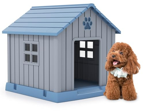 GYMAX Hundehütte aus Kunststoff, 76 x 83 x 83 cm, große Hundehaus mit abnehmbarem geneigtem Dach, erhöhtem Boden, Fenster & Belüftungen, faltbares Haustierhaus für Außen & Innen