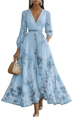 BUhuiBabubu Long Sleeve Dress Women UK - Ladies Flowy Party Dresses 2026 V-Neck Puff Sleeve Empire Waist Floral Dresses Elegant Wedding Guest Maxi Dress