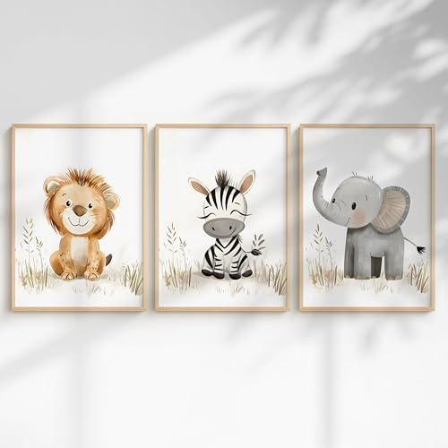 Generiskt set med 3 djungelaffischer för babyrum A4 A3 – bilder safaridjur: Elefant sengångare, flodhäst, giraff, lejon, zebra, panda för barnrum (safari zebra, DIN A3, utan inramad)