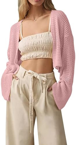 Cicy Bell Damen Open Front Strickjacke Boho Bolero Langarm Cropped Cardigan Leicht Sommer Sweaters