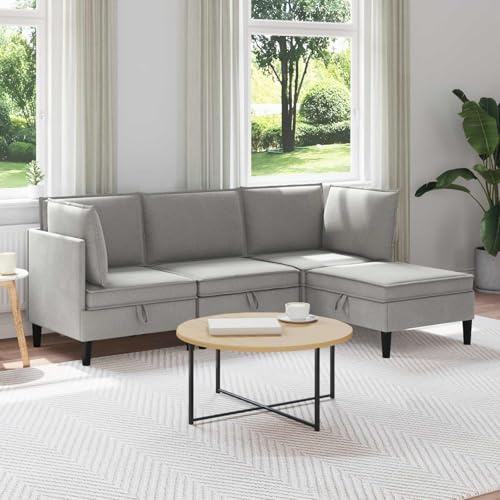 sephironlbb Wohnzimmergarnitur 4 pcs Hellgrau Stoff Sofa Couch Ecksofa Polstergarnitur mit Ottomane und Schlaffunktion, ausziehbar mit Bettkasten für Wohnzimmer Gästezimmer Lounge