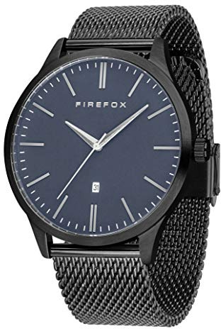 FIREFOX Herren- Armbanduhr XCHANGE analog Quarz Edelstahl schwarz Milanaise Mesh Armband Zifferblatt blau Datum 5 ATM wasserdicht FFPL01-006