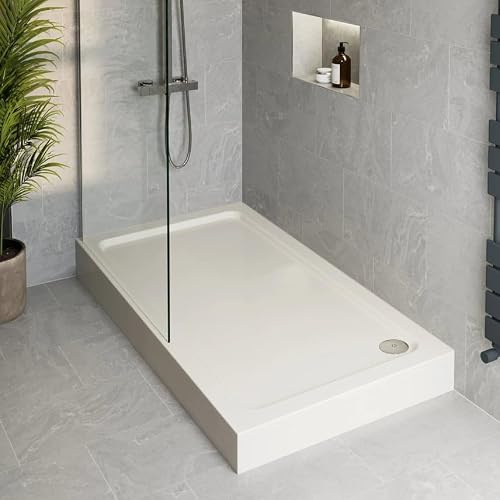 Podium® 1200 x 800 x 140mm White Bathroom Non Slip Tray for Enclosures Cubicles & Wet Room with Chrome Waste + Riser Kit, Rectangular