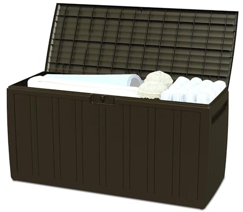 Ram Quality Products 71 Gallon Plastic Outdoor Backyard Storage Bin Deck Box for Patio Furniture Cushions,Tools, and Pool Accessories, Brown
