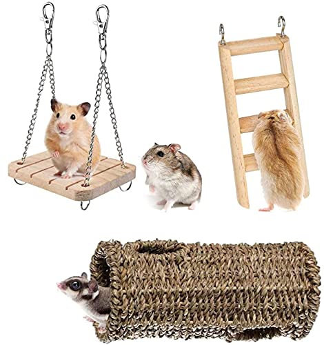 Wonninek Hamster Hängespielzeug, 3 stück eiliges Hängekäfigspielzeugset mit Holzkletterleiter, Hängemattenschaukel und Nesttunnel, Kleintier-Kauspielzeug für Meerschweinchen Chinchilla-Hamster