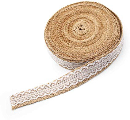 CHSEROK 12M x 2.8mm Vintage Sackleinenbandrolle mit Spitze, Juteband Spitzenband, Natürliche Sackleinen Handwerk Rolle für DIY- Kränze, Filigrane Dekoration, Hochzeitsbankettdekoration