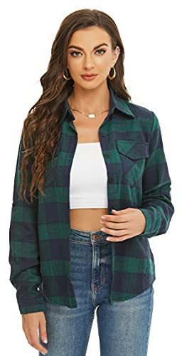 Ietaoo Camicetta Donna Camicia a Quadri Cotone Elegante Blusa Maniche Lunghe Casual Boyfriend Camicie Flanella Shirt Verde Navy S