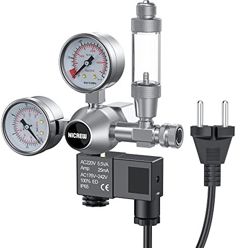 NICREW Regolatore di CO2 Acquario, Riduttore di Pressione per Acquario Piante, Doppio Manometri con Elettrovalvola Contatore di Bolle, Interfaccia W21,8