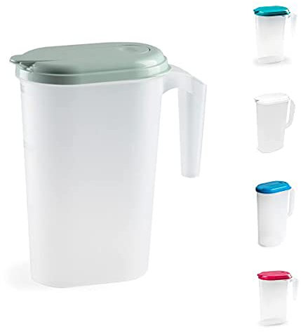 Plastic 1.6L Slimline Fridge Jug with Lid Water Milk Juices Kitchen Home Door Picnic Jugs Pitcher of Water Clip & Lock Seal Dishwasher Freezer & Microwave Safe (Frost with Mint Green Lid)