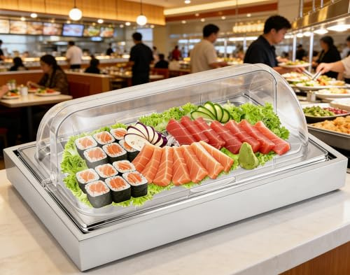 YMJOINMX Ice Food Serving Display Tray with Clear Roll Top Cover Buffet Cold Serving Cooler Platter w/ 2 Ice Packs Cooling Food Dishes Display Plate Case with Lid for Seafood Fruit Party Buffet Tray