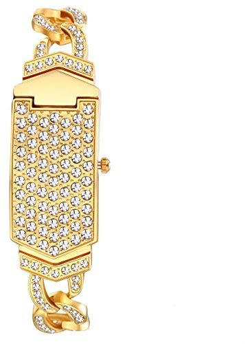 JewelryWe Damenuhr Elegant Analog Quarz Armbanduhr 30m wasserdichte Strass Rechteckig Beiläufige Damen Uhr mit Großer Panzerkette Metall-Armband Gold/Silber