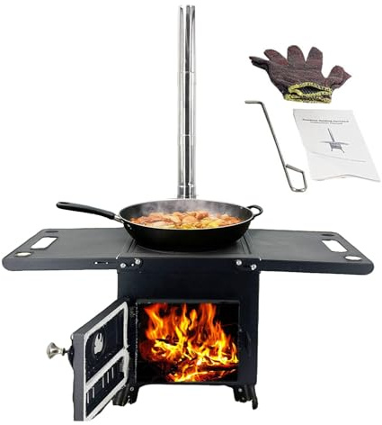 CDZHLTG Poêle à Bois à Double Paroi, Pieds Démontables, Acier Carbone | 3 Tuyaux, avec Crochet et Gants, Réchaud Camping Portable pour Chauffage, Barbecue, Camping, Randonnée, Chasse
