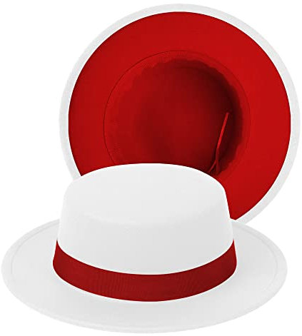 Klassischer Fedora-Hut, zweifarbig, flacher Hut mit Band, breite Krempe, Schweinefleischkuchenhut, verstellbar, Patchwork-Farben, Panamahut, Weiß-rot|rotes Band, Medium