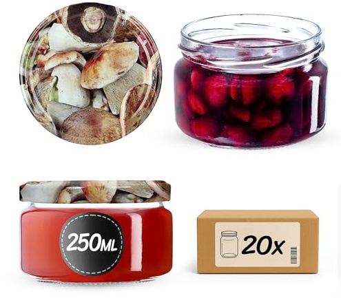 KADAX 20er Set Einmachgläser 250ml TO82 Pilze, Marmeladengläser Vorratsgläser Mason Jar mit Schraubdeckel, Luftdicht & Spülmaschinenfest, Honig- & Dessertgläser