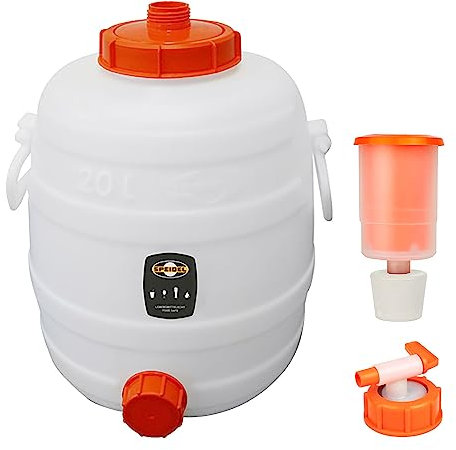 Mostfass 20 Liter mit Auslaufhahn NW 10 und Gärspund, Gärfass (20 L rund) für Most, Wein, Cider, Säfte, Getränke, Fass Getränkefass lebensmittelecht, Kunststoff Gärbehälter Behälter