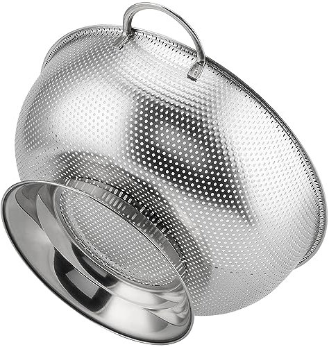 ZEONHEI 1 colador de acero inoxidable grande, microperforado con mango y base, diámetro de 28,5 cm, colador de acero inoxidable, colador de cocina, colador de pasta para drenar verduras, frutas,