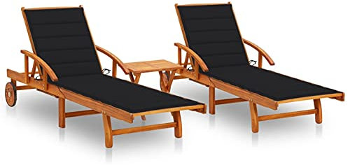 ZEYUAN Sonnenliegen 2 STK. mit Tisch und Auflagen, Gartenliege, Strandliege, Saunaliege, Relaxliege Garten, Poolliege, Campingliege, Liege Garten, Massivholz Akazie