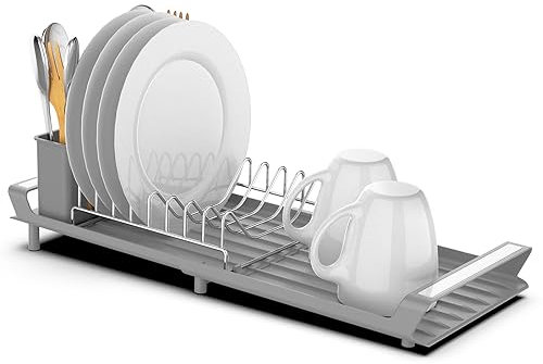 Anhow Egoutoire Vaisselle Cuisine, INOX Égouttoirs à Vaisselle Extensible Egouttoir Vaisselle avec Porte-ustensiles - Gris