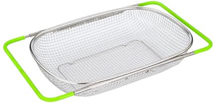 Scolapasta retrattile in acciaio inox (38-54 cm), cestello drenante a rete con manici in gomma espandibili verdi per lavandino, scolare, sciacquare frutta, verdura, piatti