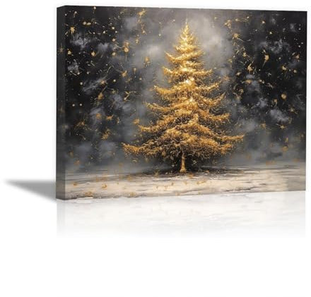 JOSUE Winterlandschaft Leinwandbilder Wohnzimmer,Abstrakter Weihnachtsbaumschnee Gold, Schwarz Poster Wandbilder Wanddeko Wohnzimmer Schlafzimmer Dekorationen-20x30cm Gerahmt