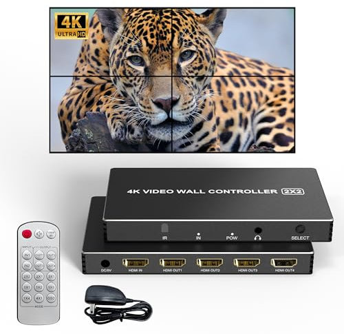Video Wall Controller 2X2, 4K TV Wall Controller HDMI Inputs, HDMI Output TV Wall Processor with Remote Control, 180 Degree Rotate, 8 Splicing Modes 2x2,1x2,1x3,1x4,2x1,3x1,4x1
