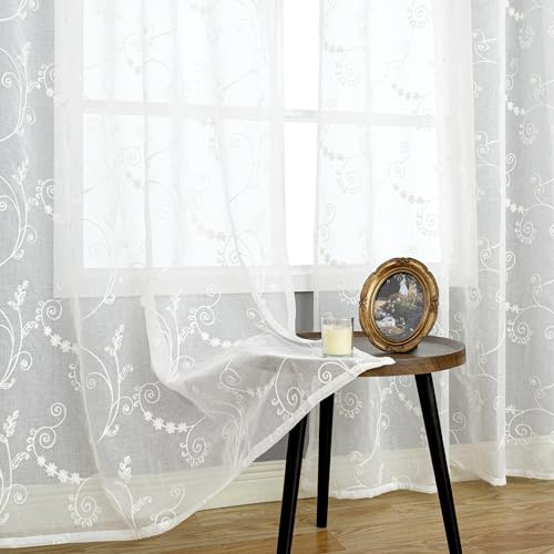 BGment Durchsichtige Vorhänge für Schlafzimmer, 160 cm lang, 2 Paneele, weiße Stickvorhänge mit Wein- und Blattmuster, lichtfilternd, Leinen, strukturierte Ösen, Sichtschutz, Voile, Küchenfenster, 132