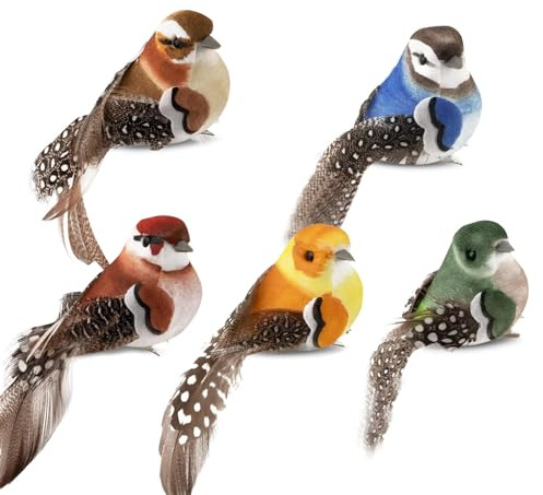 ChAusa 5 Pcs Vogel Deko mit Clip, Künstliche Federfiguren | Bunt Dekofigur mit Halterungsklammer für Garten Party Dekoration